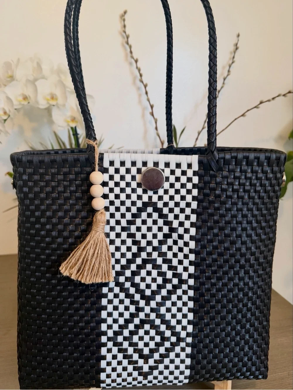 Woven Black Tote Bag with White Accent and Tassel